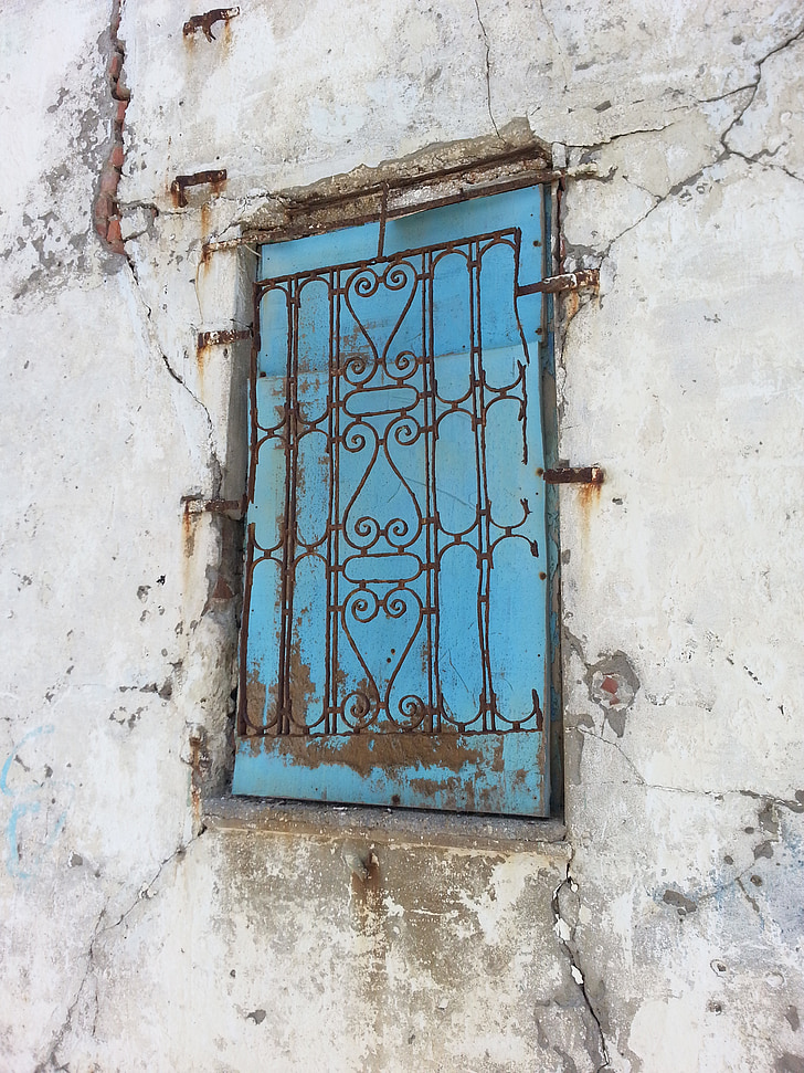 albañilería, ventana, red, obturador, Grecia, vieja pared, acero inoxidable