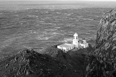black-and-white, coast, island, lighthouse, ocean, rocky, scenic