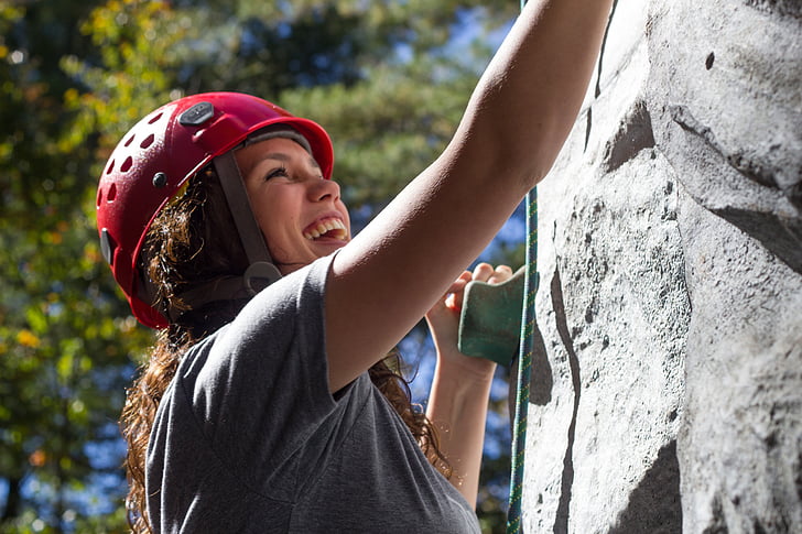 climbing, girl, fun, happy, rock climbing, rock wall, harness