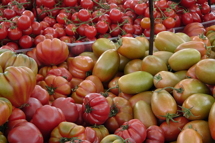 tomatid, köögiviljad, turu, roheline, punane, küps, toored