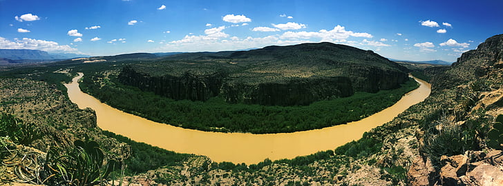 river, surrounded, green, trees, gray, rocky, mountains