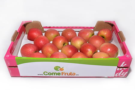 Jablko, růžová dáma, krabice z jablek