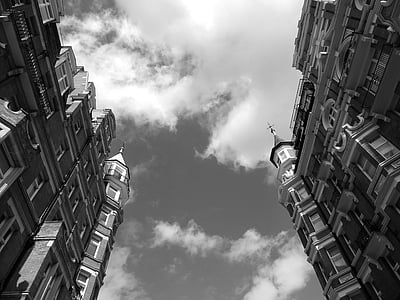 Appartements, architecture, en noir et blanc, bâtiments, entreprise, ville, nuages