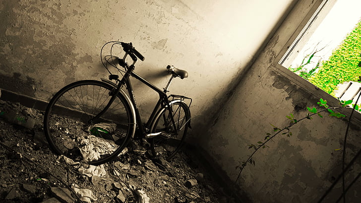 bicicleta, abandono, exploración urbana, blanco y negro, verde, Marina di massa, bnnrrb