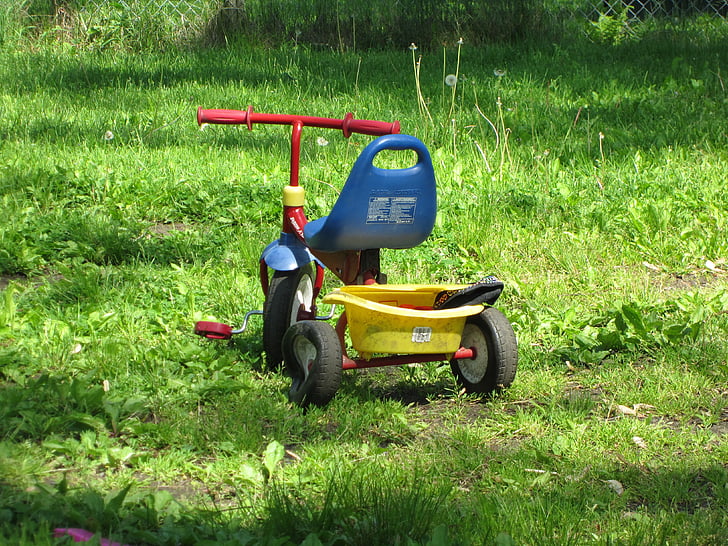 triciclo, brinquedo, criança, crianças, jogar, do lado de fora, segadeira de gramado