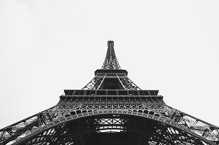Architektūra, atrakcija, juoda ir balta, Eifelio bokštas, Prancūzija, orientyras, Paryžius