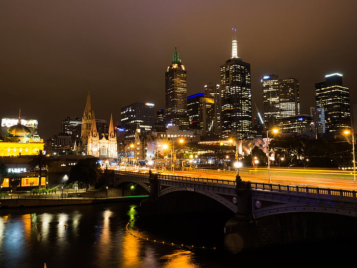 Melbourne, Yarra river, nattetid, Victoria, CBD, vatten, stadsbild