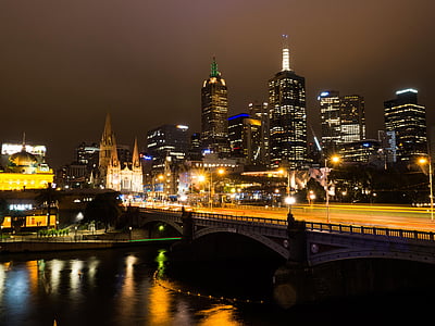 Melbourne, rivière Yarra, nuit, Victoria, CDB, eau, paysage urbain