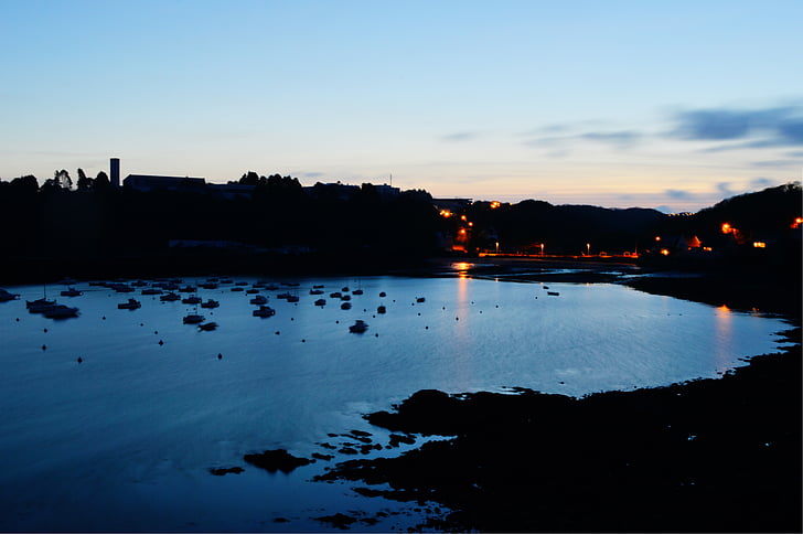 Porto, mar, oceano, à noite, azul, Finisterra, Bretanha