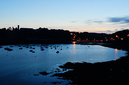 Port, tenger, óceán, éjszaka, kék, Finistère, Bretagne-i