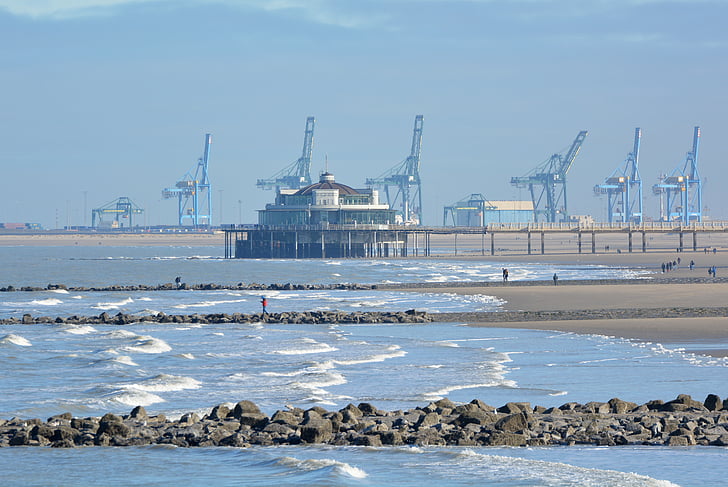 Blankenberge, tenger, hullámtörő, belga pier, Zeebrugge, kikötő, rakomány konténer