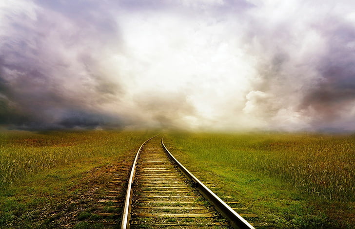 photo, green, brown, grasses, train, track, clouds