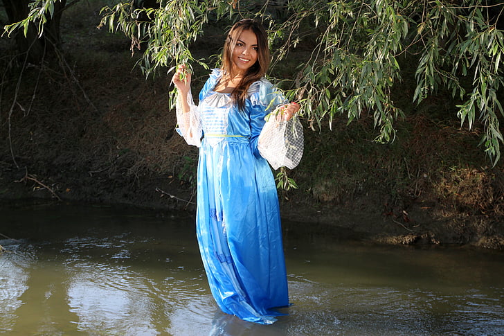 girl, princess, lake, water, dress, blue, beauty