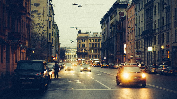 улица, здрач, фарове, Санкт Петербург Русия, архитектура, път