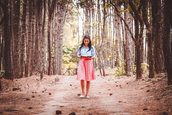 beautiful, dress, girl, outdoors, person, reading, road