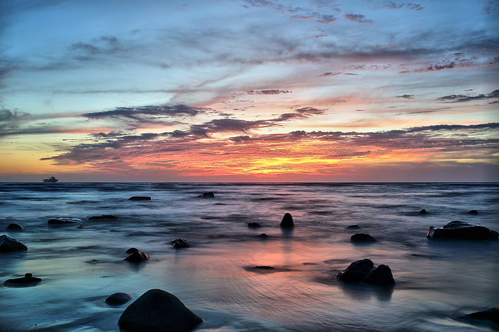 strand, wolken, Dawn, schemering, idyllische, Oceaan, rotsen