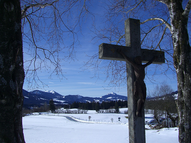 Cross, Stone cross, vinter, snö, panorama över bergen, Sky, blå