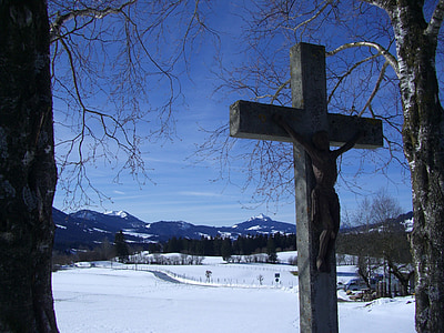 Cruz, Cruz de piedra, invierno, nieve, panorama de la montaña, cielo, azul