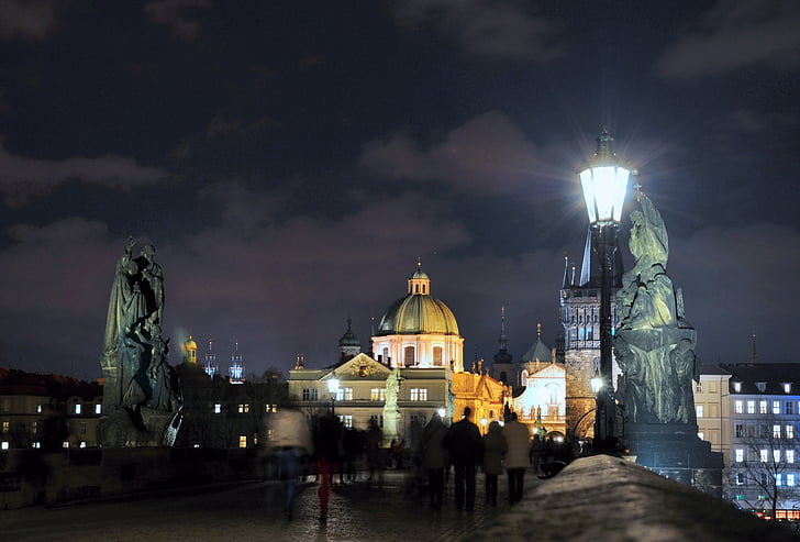 プラハ, 夜, ブリッジ, 歴史, 光, 記念碑, 像