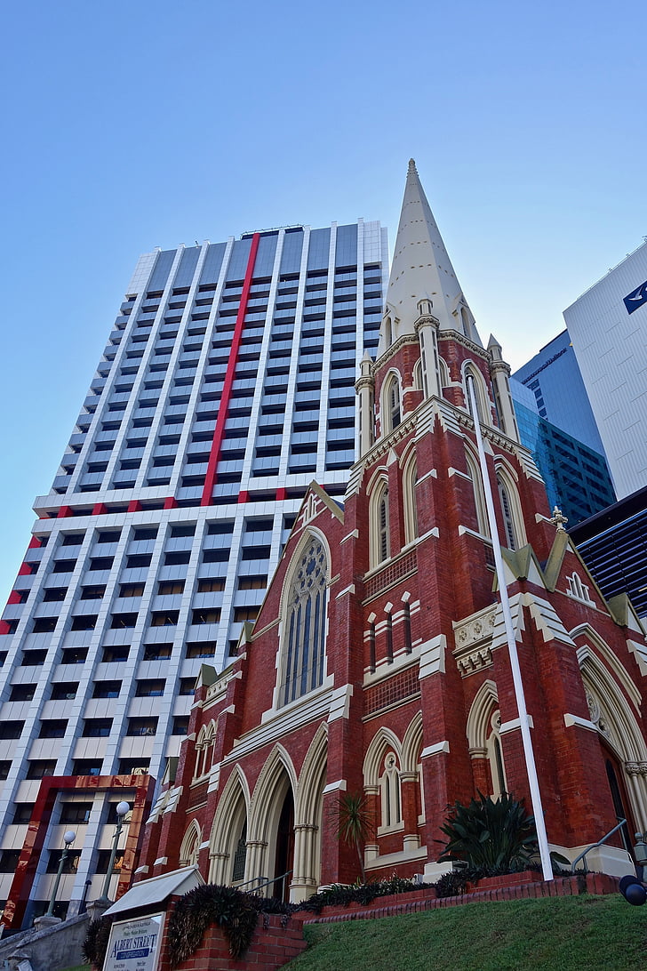 Église, steeple, gratte-ciel, architecture, historique, Brisbane, urbain