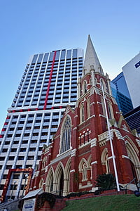 Iglesia, campanario, rascacielos, arquitectura, histórico, Brisbane, urbana
