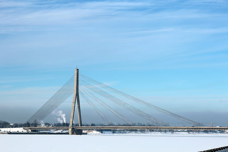 puente, arquitectura, Río, cielo, azul, nieve, congelados