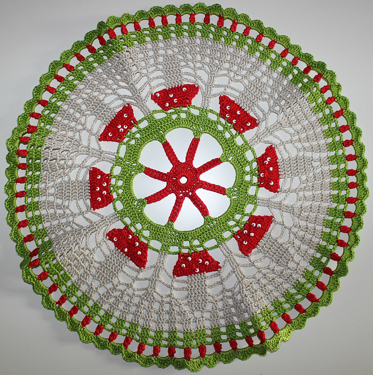 crochet, hand labor, green, red, white, tablecloth