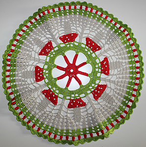 Crochet, lao động tay, màu xanh lá cây, màu đỏ, trắng, khăn bàn