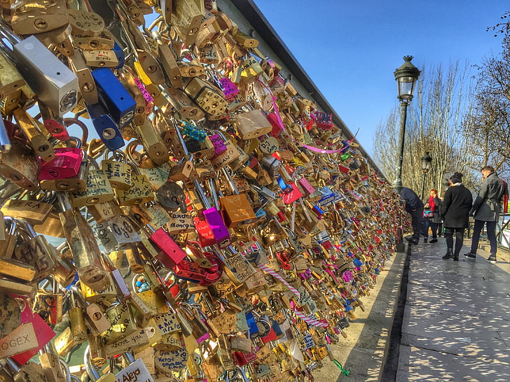 Candados de amor, cerraduras, puente, París, Francia, Francés, corazón