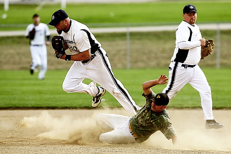 action, athletes, base, baseball, blur, dirt, dust