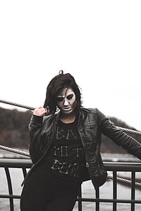 adult, attractive, beautiful, black leather jacket, dark, face, face paint