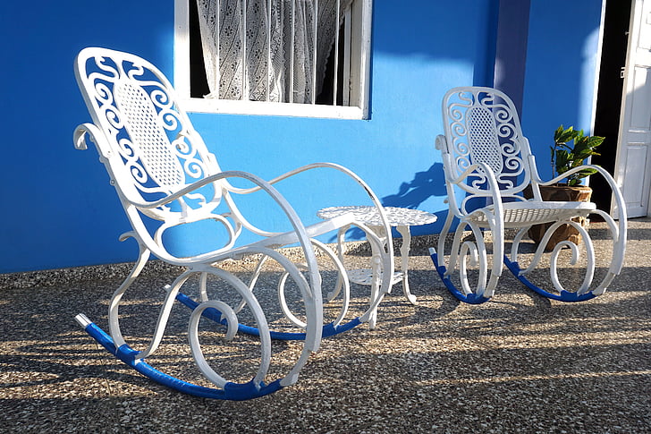 šūpuļkrēsls, zila, balta, dzelzs, kuba, Vakara saulē, šūpuļkrēsliem