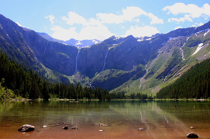avalanche lake, landscape, reflection, scenic, mountains, skyline, peak