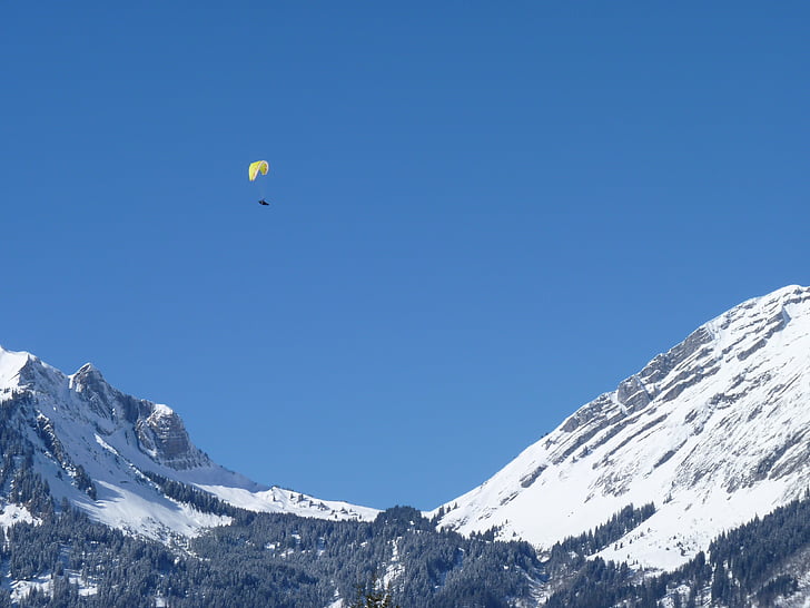 Zima, Paraglider, padobran, padobransko jedrenje, snijeg, nebo, letjeti