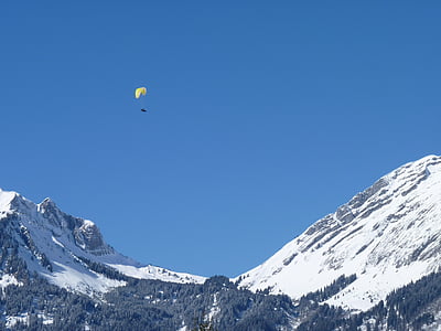 winter, paraglider, parachute, paragliding, snow, sky, fly