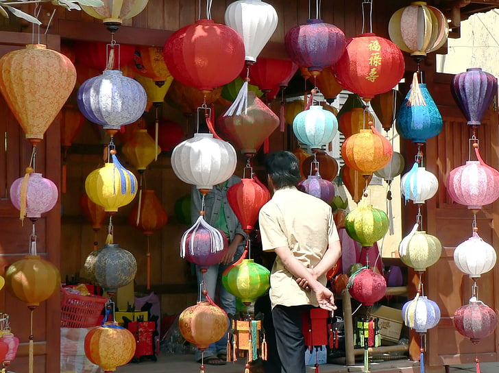 Vietnam, Hoi-an, färg, displayen, marknaden, kinesisk lykta