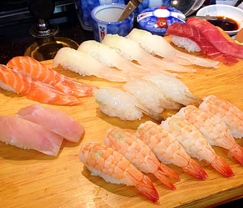 sushi, japansk, laks, tid, fisk, reker, lyse luft