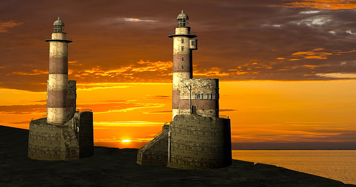 маяк, вечір, Захід сонця, післясвічення, море, маяки, узбережжя