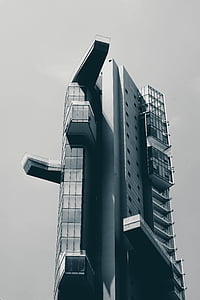 architecture, black-and-white, building, high-rise, low angle shot, modern, Modern building