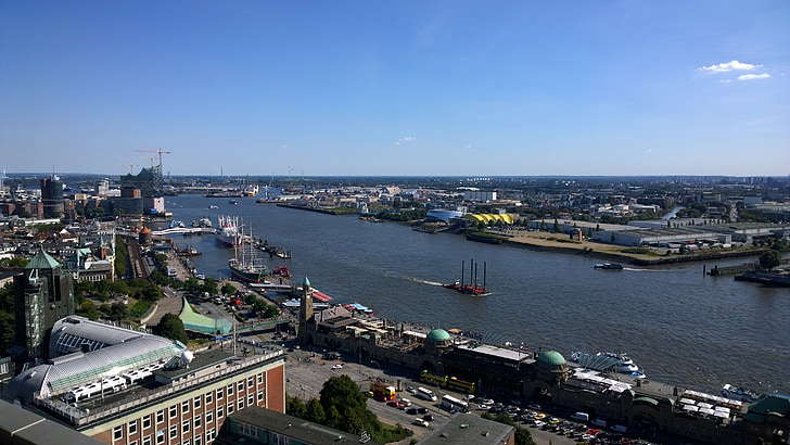 Hamburg, hamn, Landungsbrücken, fartyg, hamnkranar, Tyskland, vatten