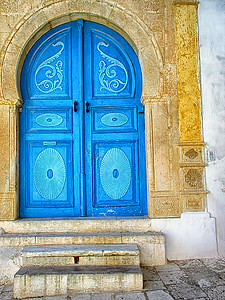 durvis, zila, skaists, Sidi bou teica, Tunisija, Tunisijas Republika