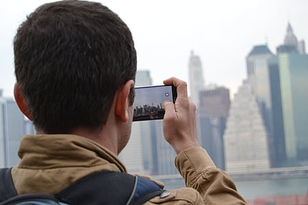 NY, Samsung, turisztikai, Skyline, Fénykép, férfiak, mozgatható telefon