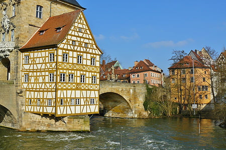 Bamberg, radnica, City view rottmeister chata, fachwerkhaus, Regnitz, franské, Architektúra