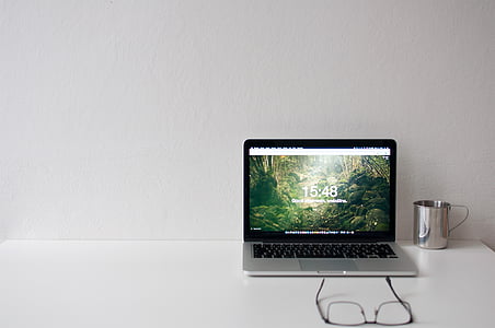 MacBook, zápisník, studijní, brýle, webdesign, inspirace, počítač