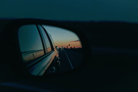 cotxe, vehicles, costat, mirall, reflexió, cel, núvols