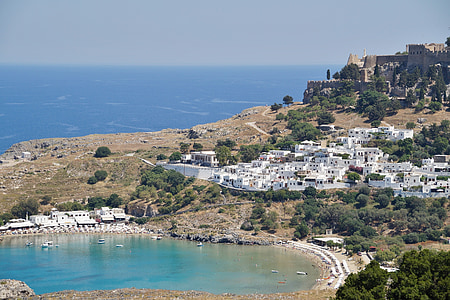 greece, rhodes, lindos, sea, bay, greek city