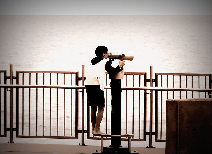 teleskop, dvogled, dječak, Obala, oceana, nebo, izgled