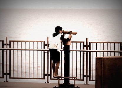 spyglass, binoculars, boy, coastline, ocean, sky, look