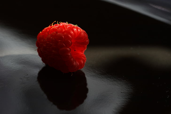 closeup, photography, red, fruit, black, surface, raspberry