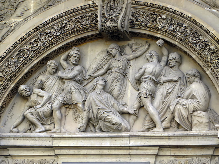 Pariz, St-etienne-au-mont, fasada, bobnič, mučeništvo, kamenjanje, skulpture